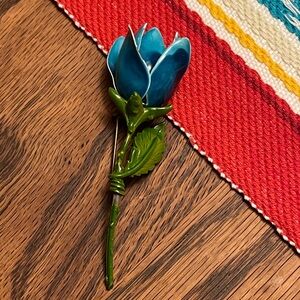 Vintage Blue Enamel long stem Rose Brooch